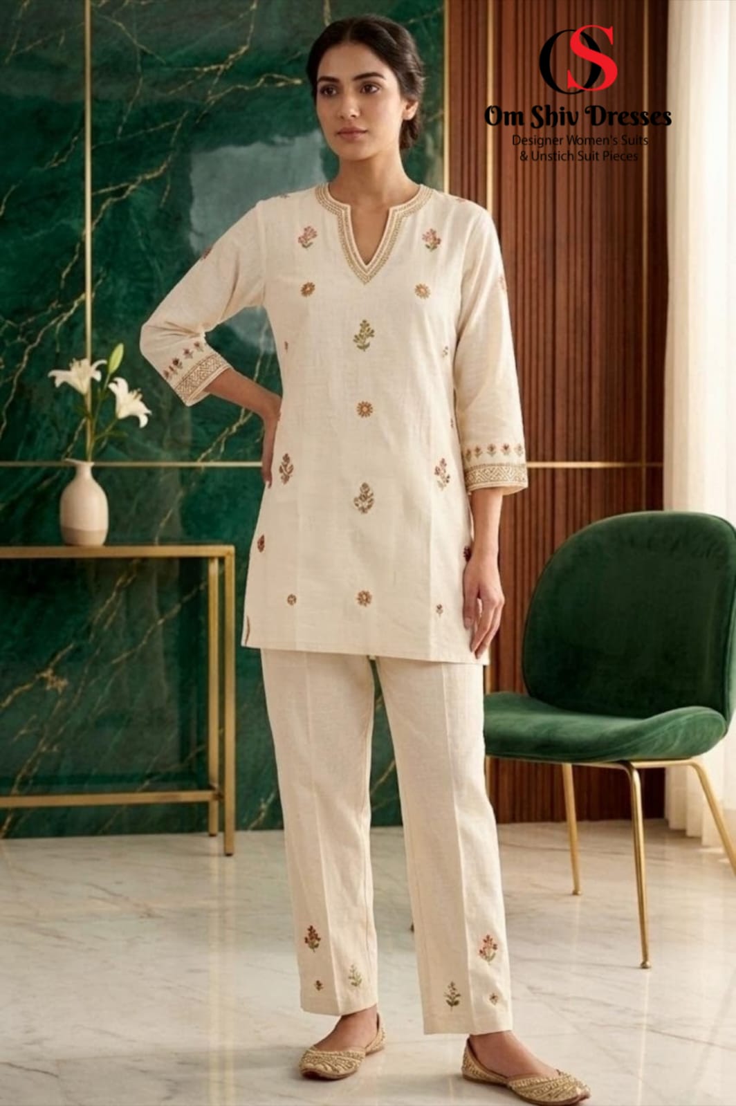 Girlish Pure Khadi Cotton Katha-Work Co-Ord Set