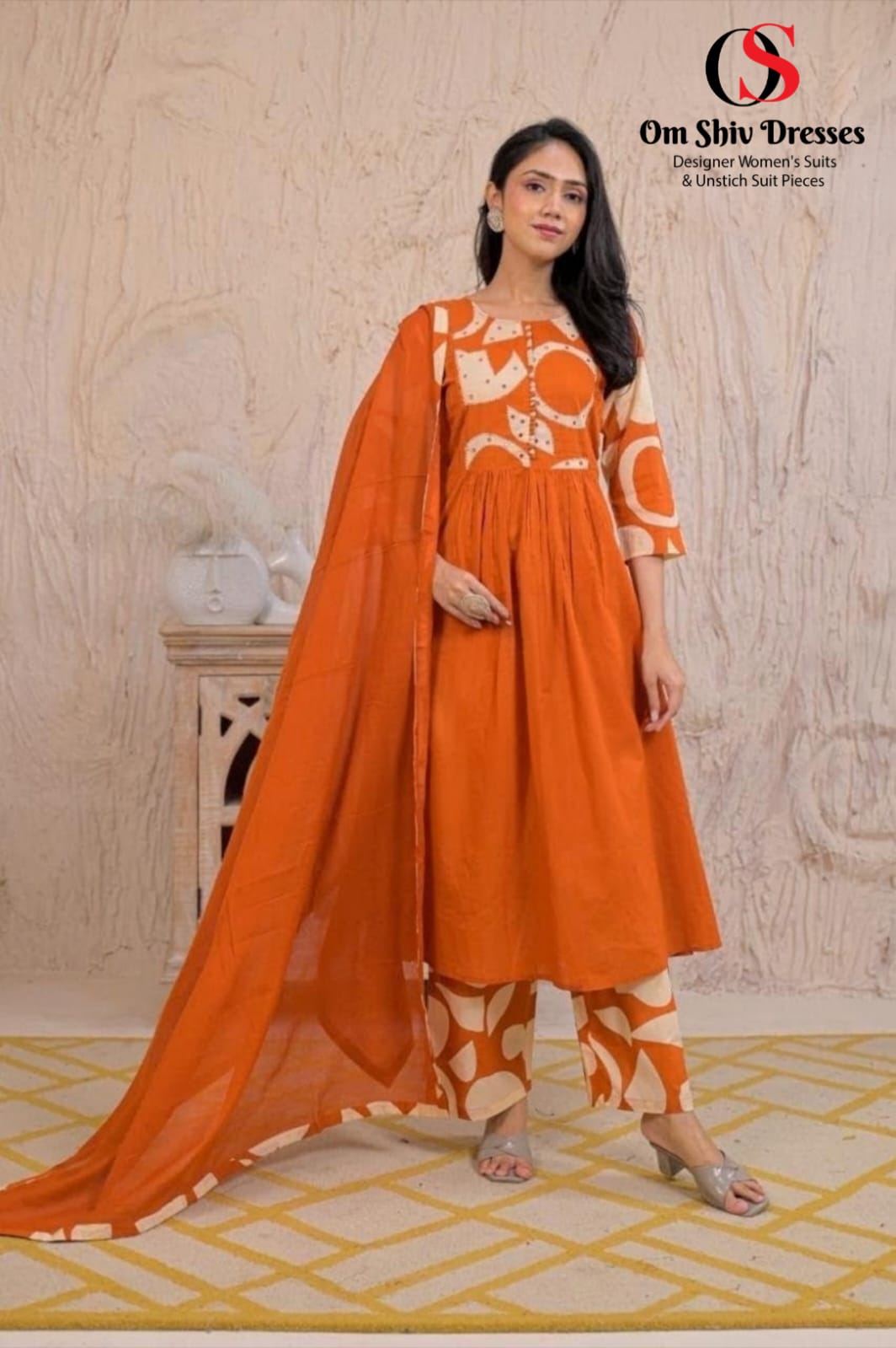 Office Wear Pure Jaipuri Cotton Beautiful A-Line 3piece Set