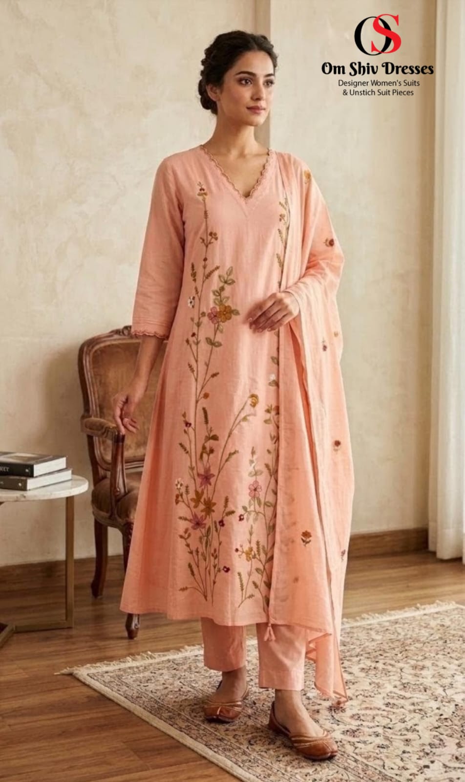 Pure Mul Cotton Embroideried Office Wear A-Line 3piece Set